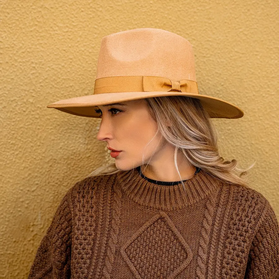 Multi Color Flat Top Bowknot Women Winter Fedora Hat Wool Wide Flat Brim Jazz Hats