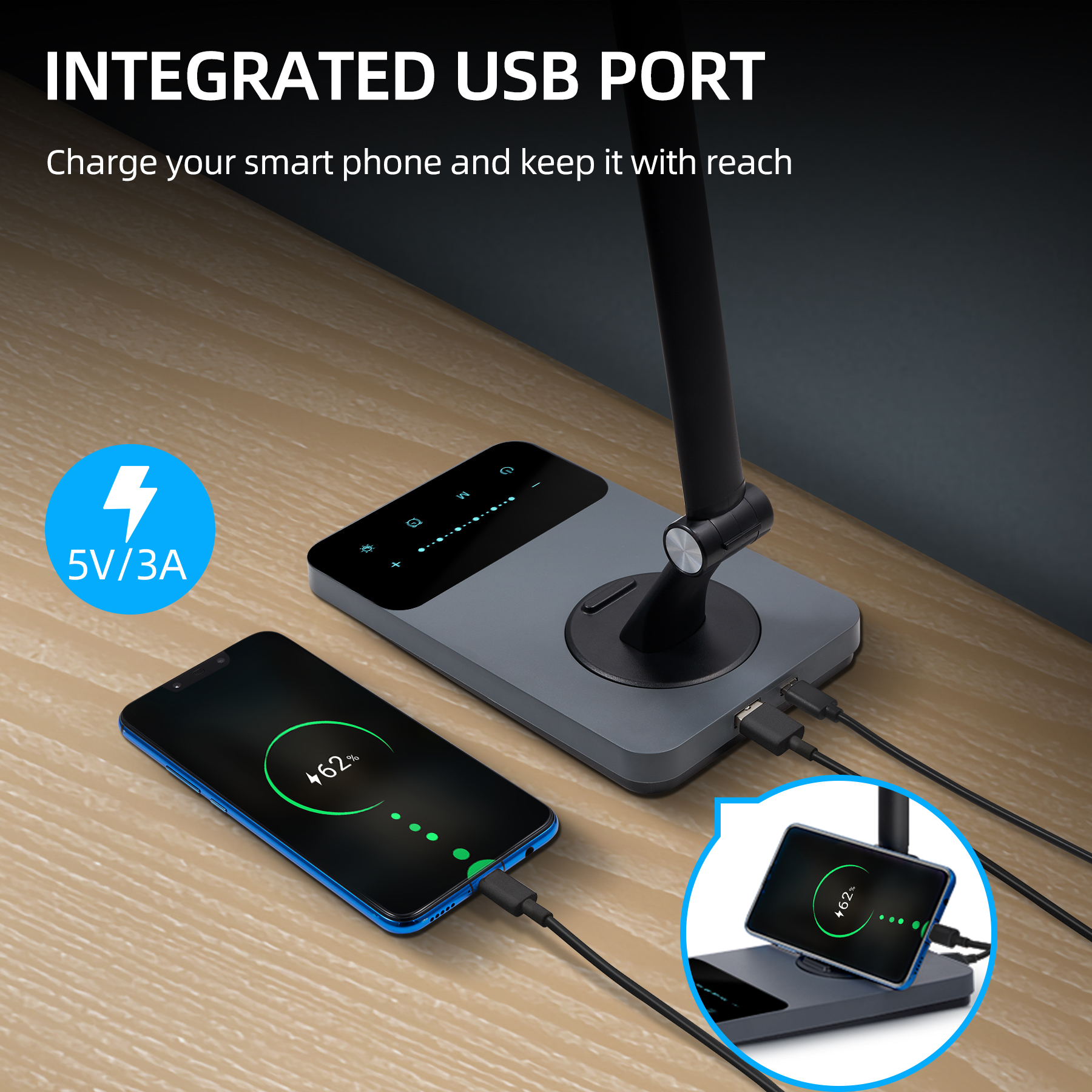 Регулируемая Настольная лампа для чтения с сенсорным управлением и USB-портом для зарядки, 5 цветов
