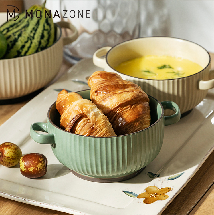 MONAZONE Creative Nordic Ceramic Noodle Tureen Pinstripes with Double Handles for French Onion Soup, Cereal, Pot Pies,