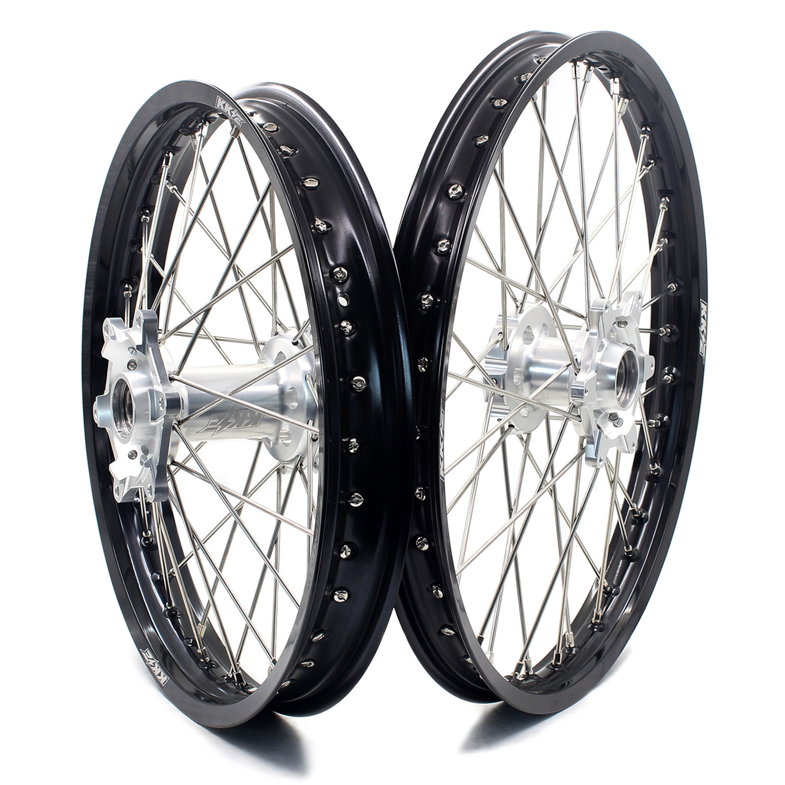 Колеса для мотоцикла KKE 21/19 CNC MX Supermotard, совместимые с KTM 125 450 EXC SMC SXF, серебристая втулка, черный обод