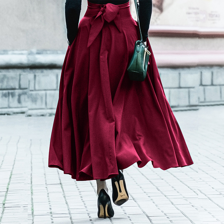 Women's Slit Long Maxi Bow Plus Skirt Solid Color Elegant Bow Belt Skirt Vintage Ladies Fashion Pockets Pleated Flared Skirts