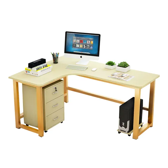 Golden simple wood steel L-shaped angle computer table computer game table