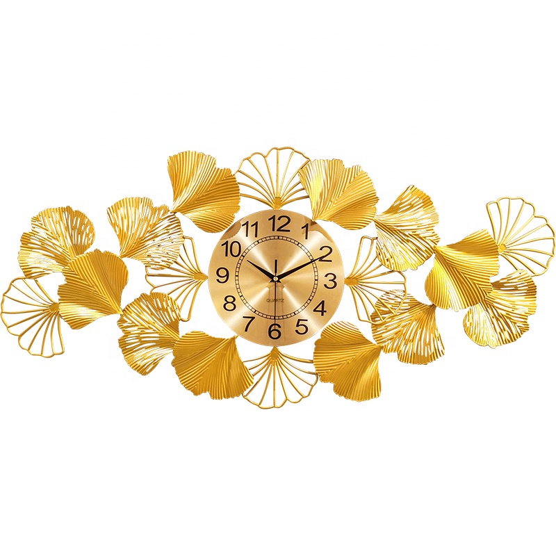 odm/odmmodern wall clockHot Sale New Metal Wall Mounted Clocks Gold Ginkgo Biloba Wall Clock diy For Room Giftreloj de pared