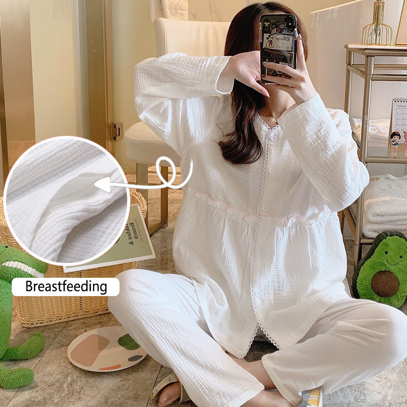 Maternity 100%Cotton Pajamas Set Long Sleeve Breastfeeding Hospital Nursing Sleepwear Lactation Stretch Clothes