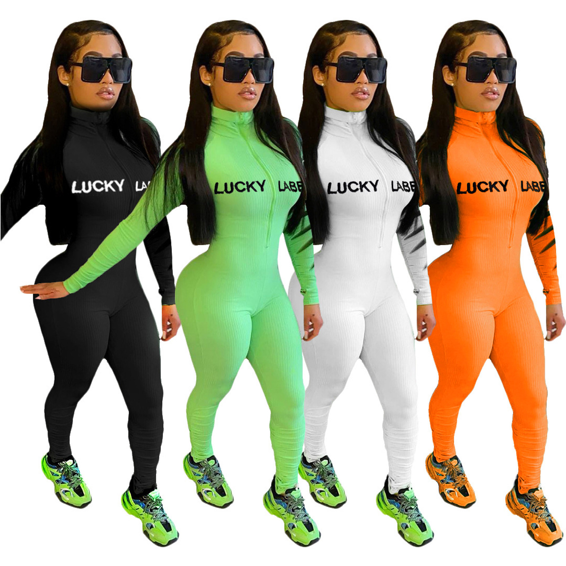 J2053 2021 Spring Solid Color Embroidery Lucky Label Jumpsuits Breathable Jumpsuit For Women