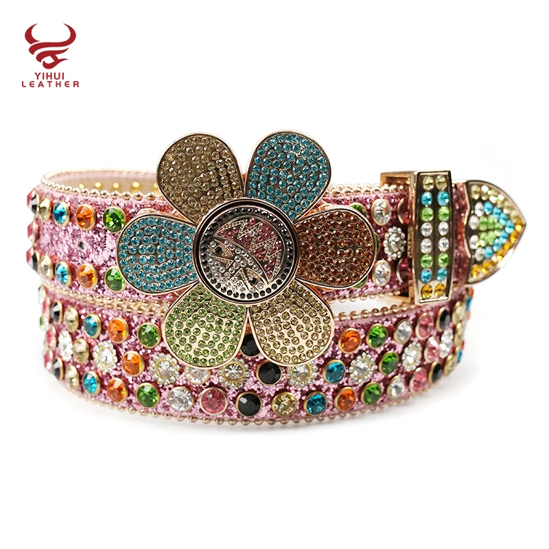 Custom logo PU leather rivet BB belt strap designer shiny no buckle diamond studded flower rhinestone belts for men women
