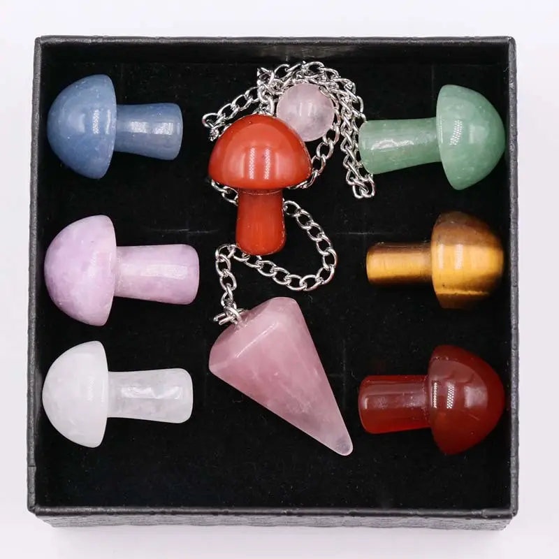 Wholesale 7 Chakra Natural Crystal Mushroom Colorful Energy Yoga Stone Set Original Stone Spiritual Pendulum With Box