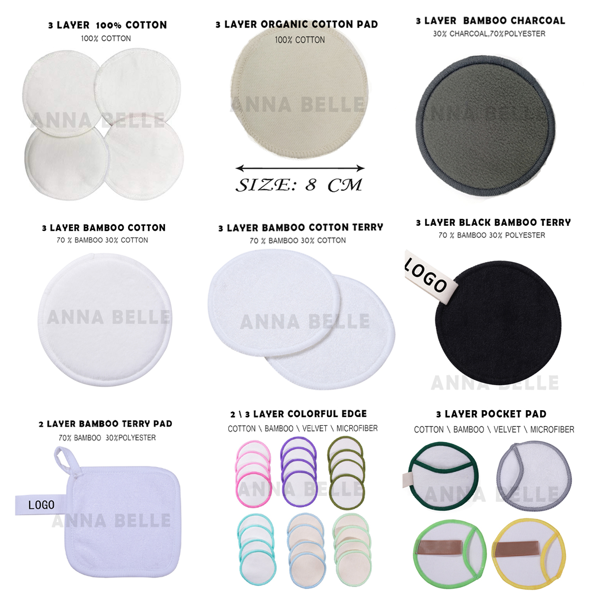 Reusable 7/8/9/10 CM Colorful Edge Make Up Remover Cloth Bamboo Makeup Pads
