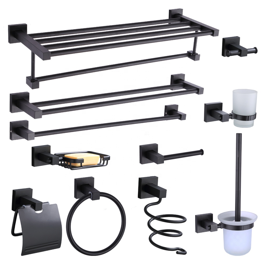 Cheap Bathroom Accessories Set Wall Mounted Black Towel Bar Towel Rack Shelf Aluminum Bathroom Organizer