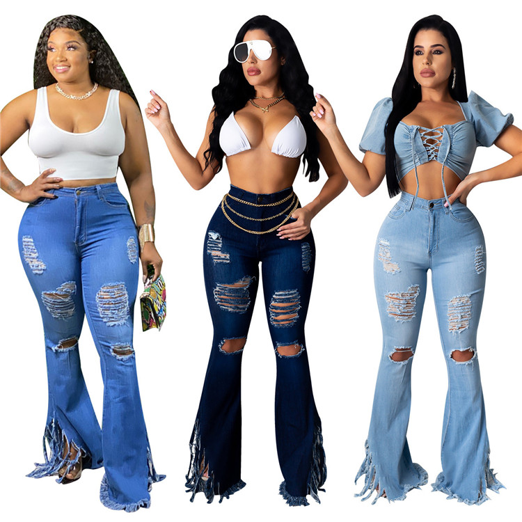 High waist plus size stretchy elastic rugged destroy rip tassel flare female lady long trouser pants woman jeans