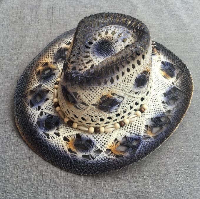 Gradually Changing Color Western Cowboy Hats Hollow Out Breathable Hand Knitted Light Up Straw Hat Cowboy