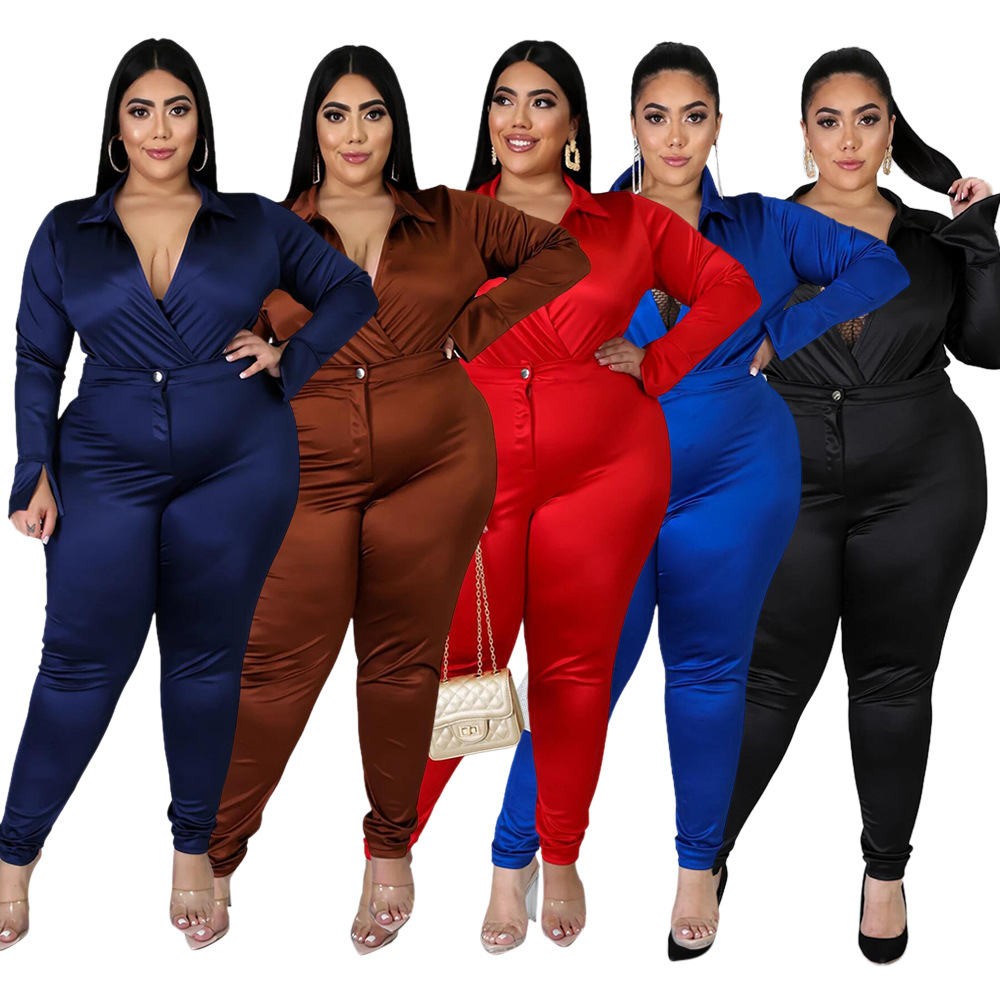 Plus Size L-5xl Women Set Outfits Sexy Satin Bodysuit High Waist Skinny Pants Matching Set Women Work Out Blouses Pants Set