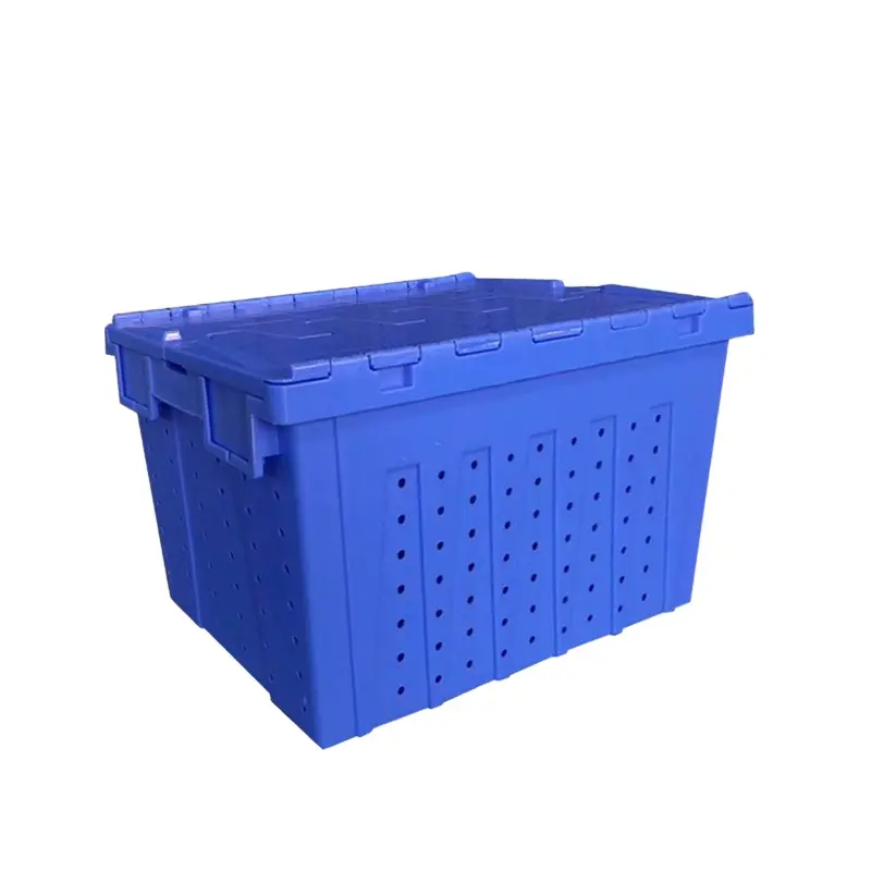 Industrial Recycled PP Plastic Nestable Stackable Logistic Moving Tote Box with Hinged Lid for Storage