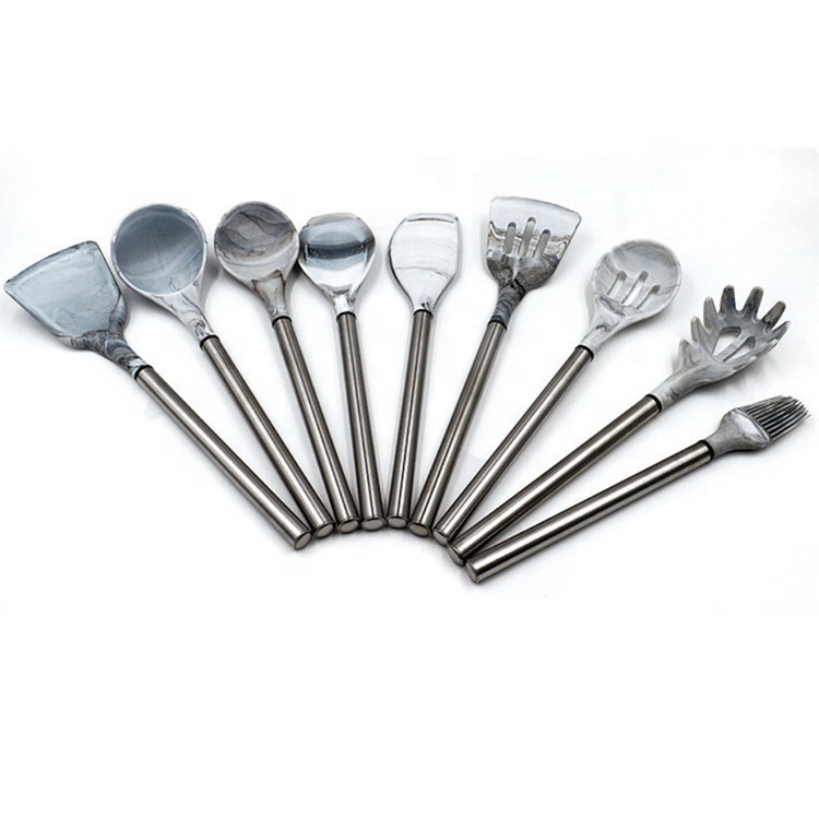 Large stock S/S handle food grade 12pcs silicone kitchen utensil with marble pattern nice display kitchen utensil set