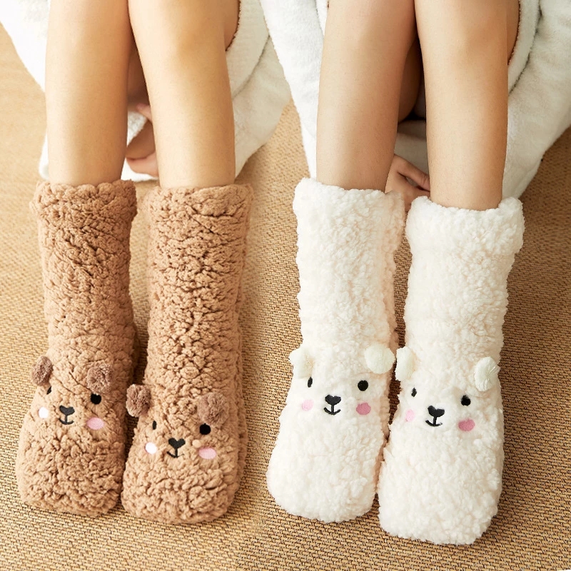 Floor Socks Women Autumn and Winter Velvet Coral Fleece Sleep Home Slippers Snow Socks Confinement bear Carpet Socks