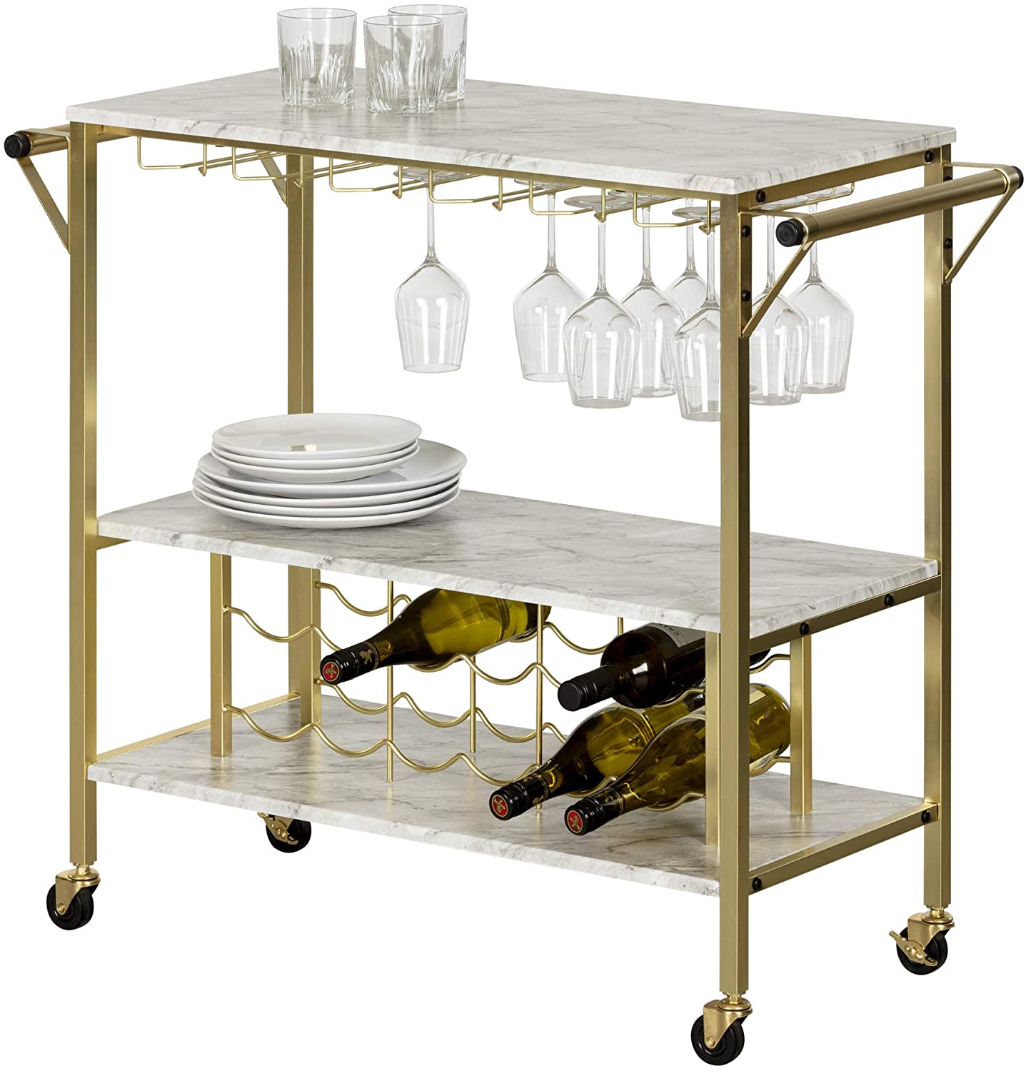 Стеллаж для хранения винных бутылок из искусственного мрамора и золота Maliza Bar Cart