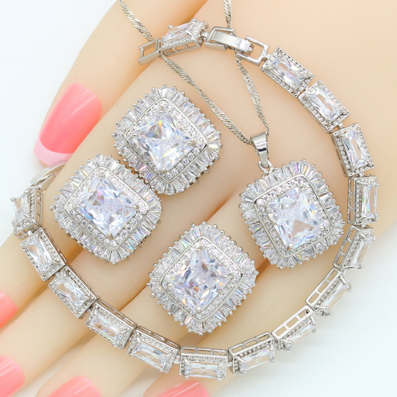 2021 New Geometric White Zirconia Silver Color Wedding Jewelry Sets For Women Necklace Pendant Bracelets Earrings Rings