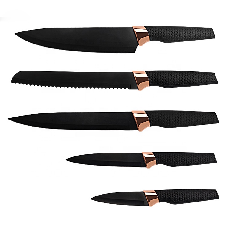 Wholesale 5pcs weave pp handle stainless steel spry paint black kitchen knife set with block