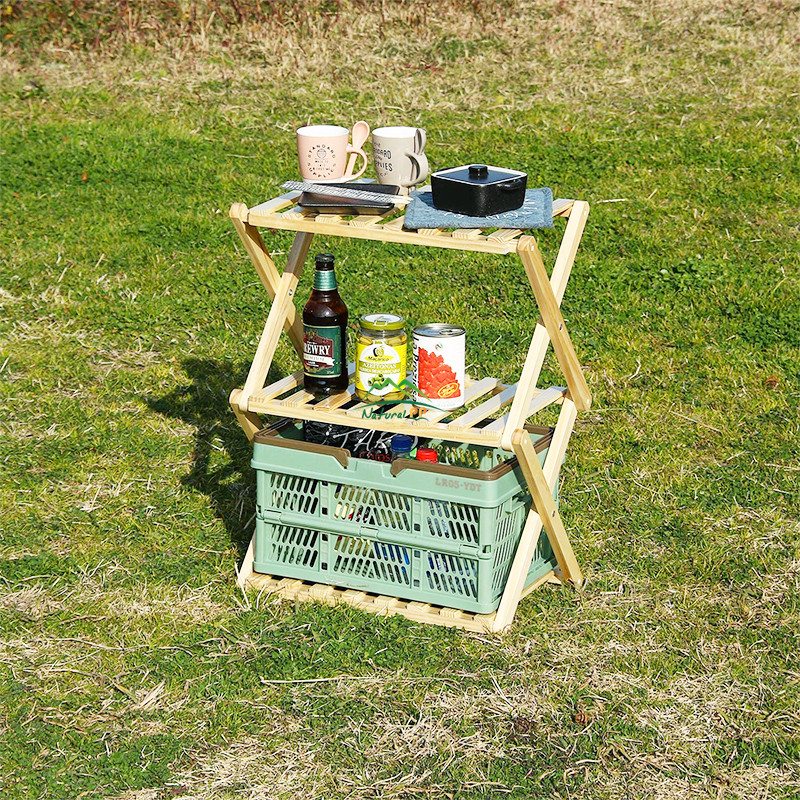 Custom Wood Three-layer Portable folding tray with stand outdoor camping picnic barbecue leisure storage rack
