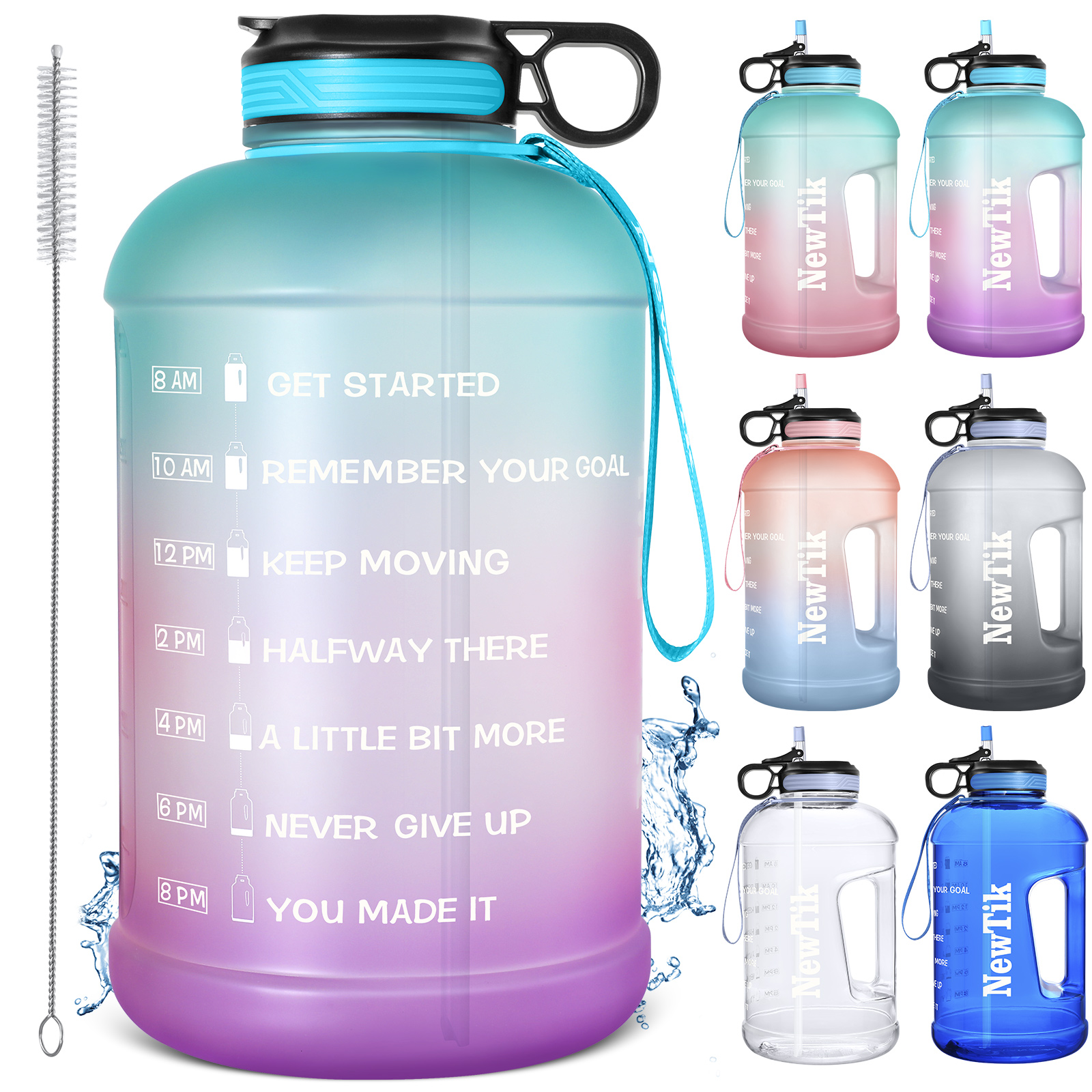 Large 1 Gallon 128 OZ 3.78L Water Bottle with Motivational Time Marker & Straw, Handle
