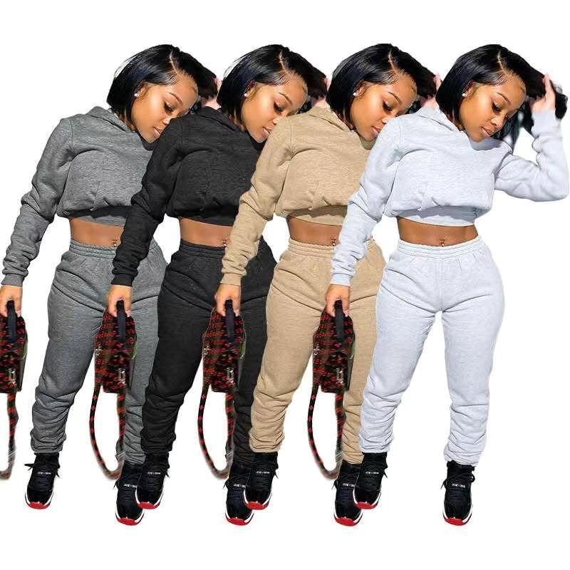 2021 Fall Clothes Matching Jogging Outfits Solid Long Sleeve Hoodie Women Sweatsuit Set Tracksuit Crop Top Two Piece Pants Set