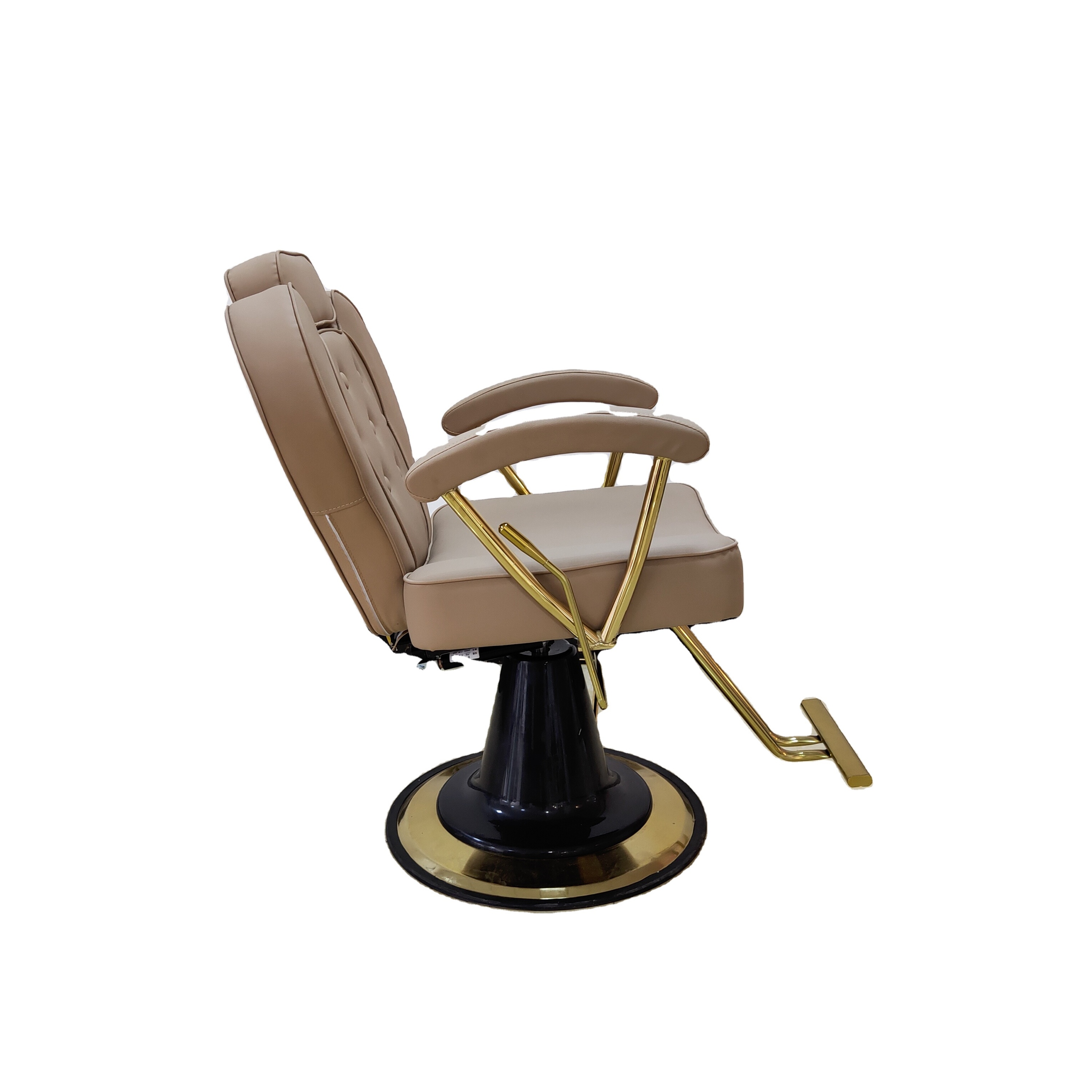 Hot design woman haircut reclining barber chair with golden frame stainless steel footrest for hair making