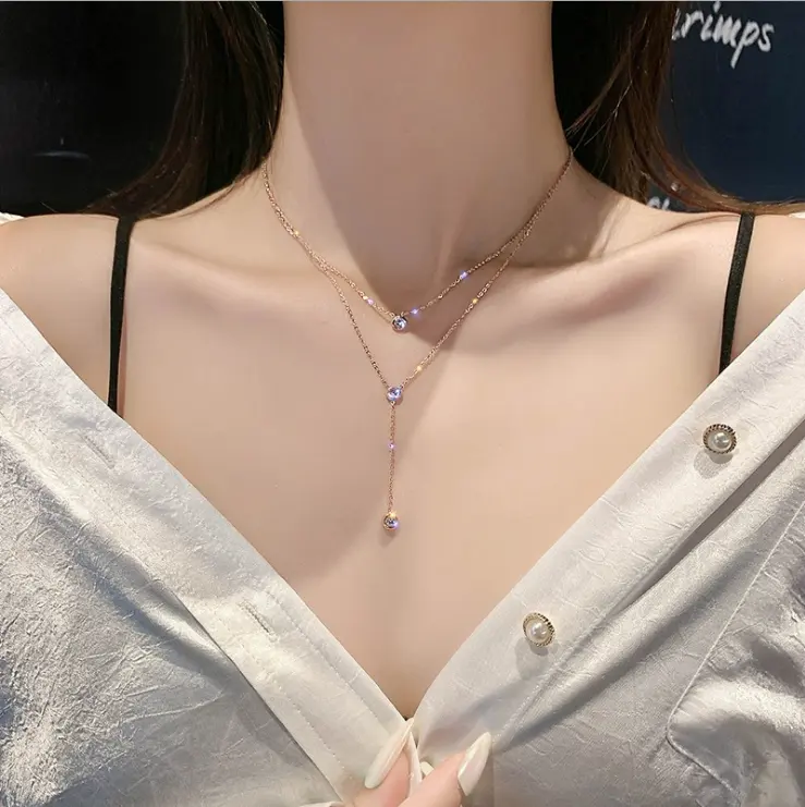 Double layer Rhinestone Necklace feminine temperament cold wind neck chain simple fairy net red pendant clavicle chain