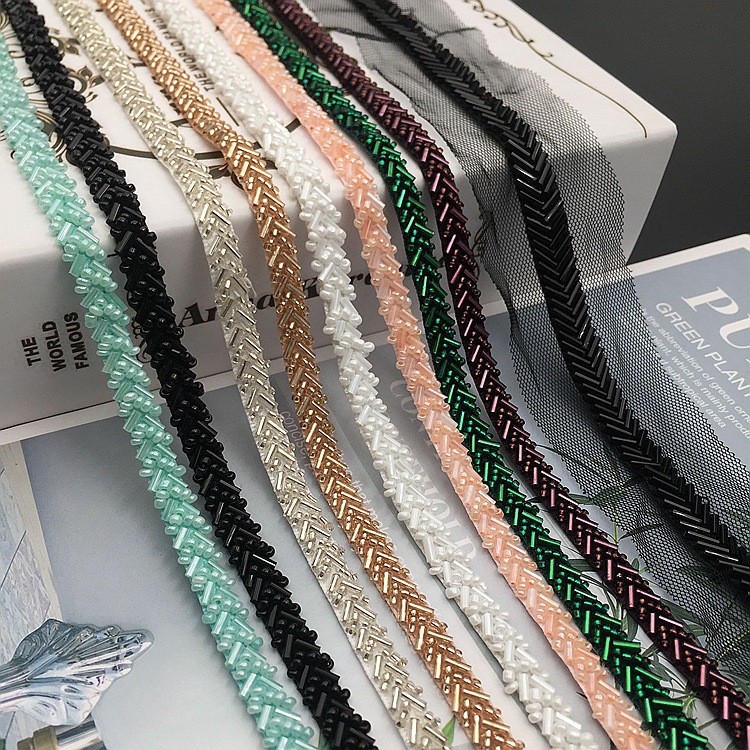 ZSY Handmade Pearl beaded lace trim fashion garments accessory rhinestone ribbon trim black color trim for clothes
