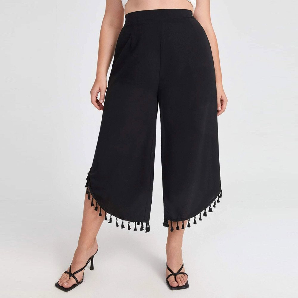 New Design Womens High Waisted Solid Black Calf-Length Pants with Tassel Hem Wide Leg Palazzo Pants
