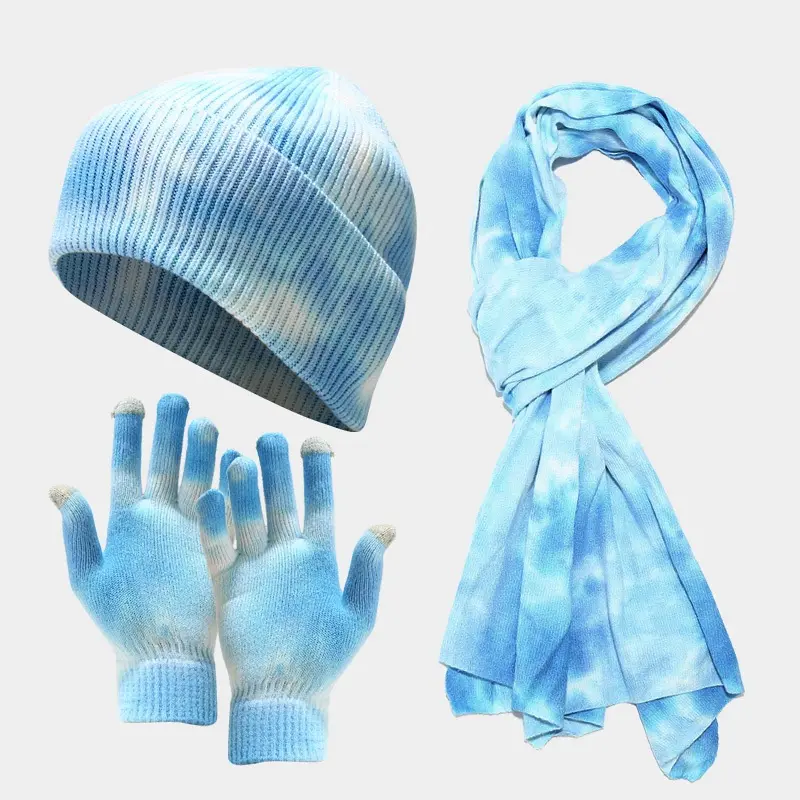 2022 Autumn / Winter Thickened Knitted Hat Men's / Women's Tie-dyed Three-piece Set Of Outdoor Warm Sports Cap