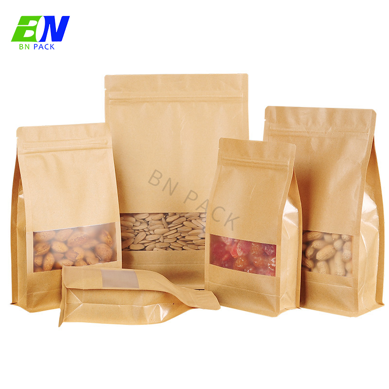 Plain craft pla window bag food grade karft paper bio degradable peanut packaging bags custom logo