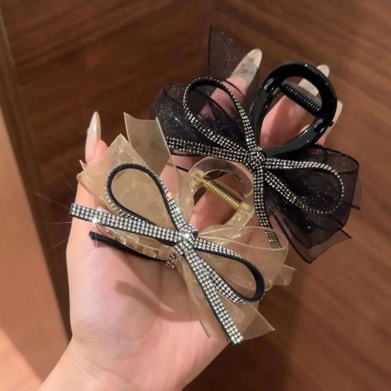 2024 Women's High-End Sensation New Year Large Shark Clip Hair Accessory Elegant Rhinestone Bow Mesh Design with Metal Material