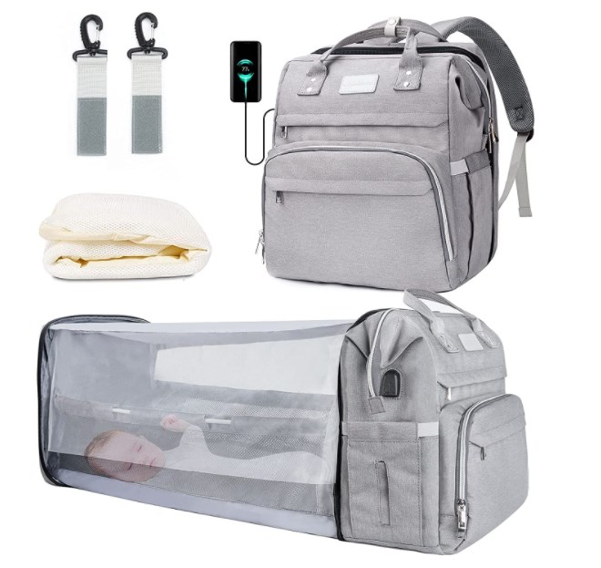 6 in 1 Diaper Bag Backpack with Changing Station Portable Foldable Baby Bed Travel Baby Bags