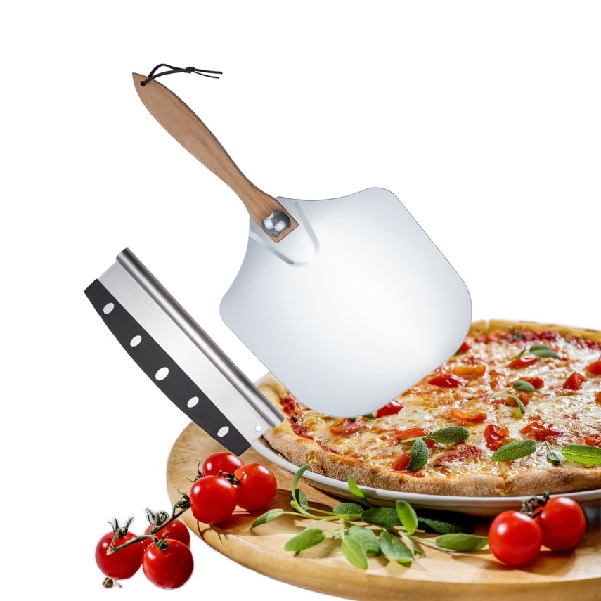 Wholesale Aluminum Pizza Peel Shovel Set Stainless Steel Cutter with Folding Wooden Handle Pizza Tools Easy Storage
