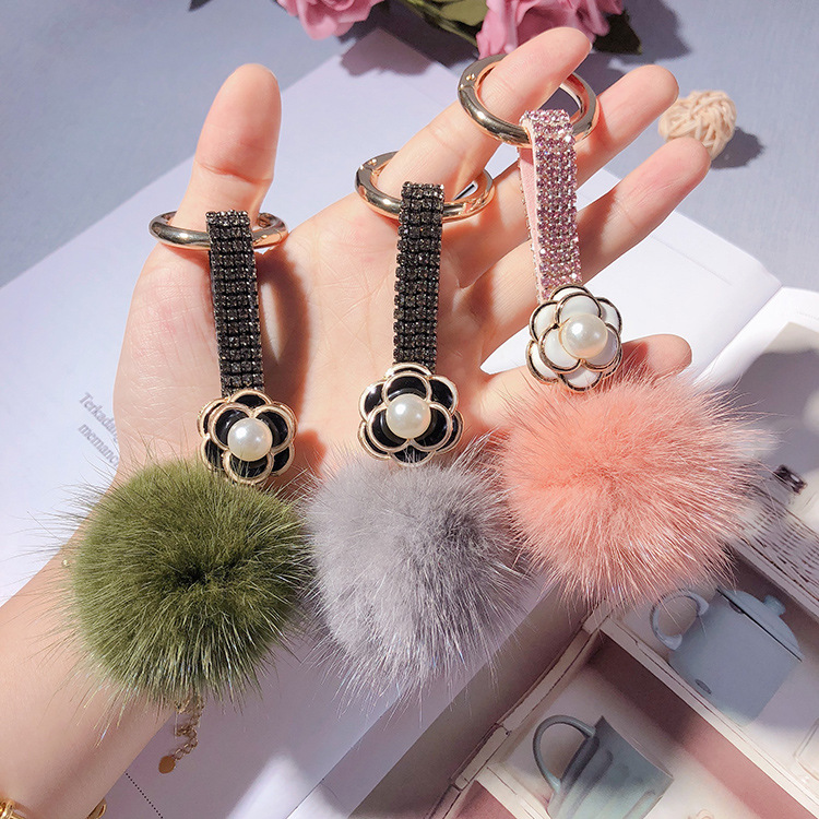 Ding yi surell Luxury Mink Fur Pom Pom Keychain with Crystal Strap Bag Purse Charm custom key chains