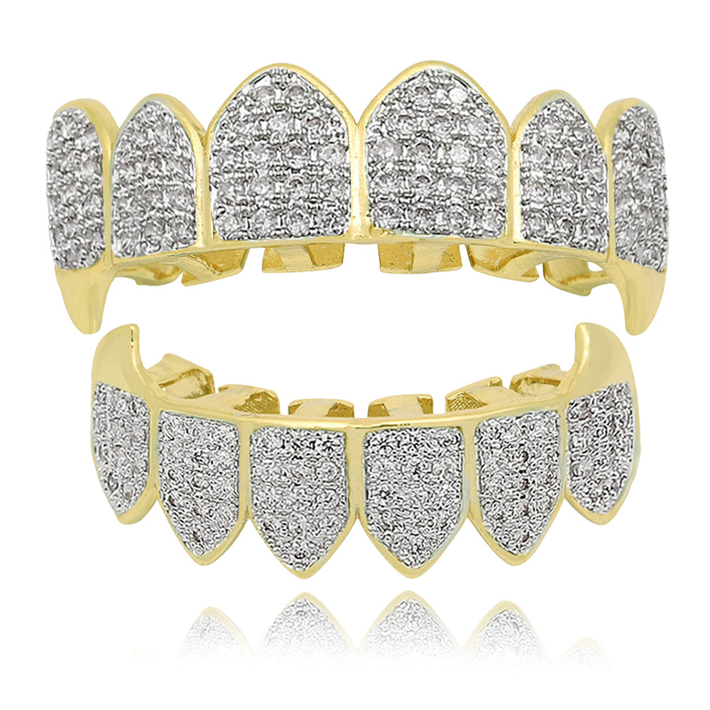 Personality Micro-inset 4A Zircon Hip Hop Braces For Men and Women 18K Plated Gold Grills Teeth Grillz Denture Set