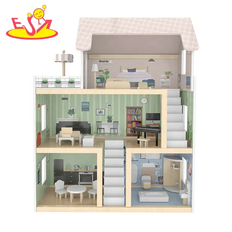 Top sale kids dollhouse wooden doll house with led light W06A413