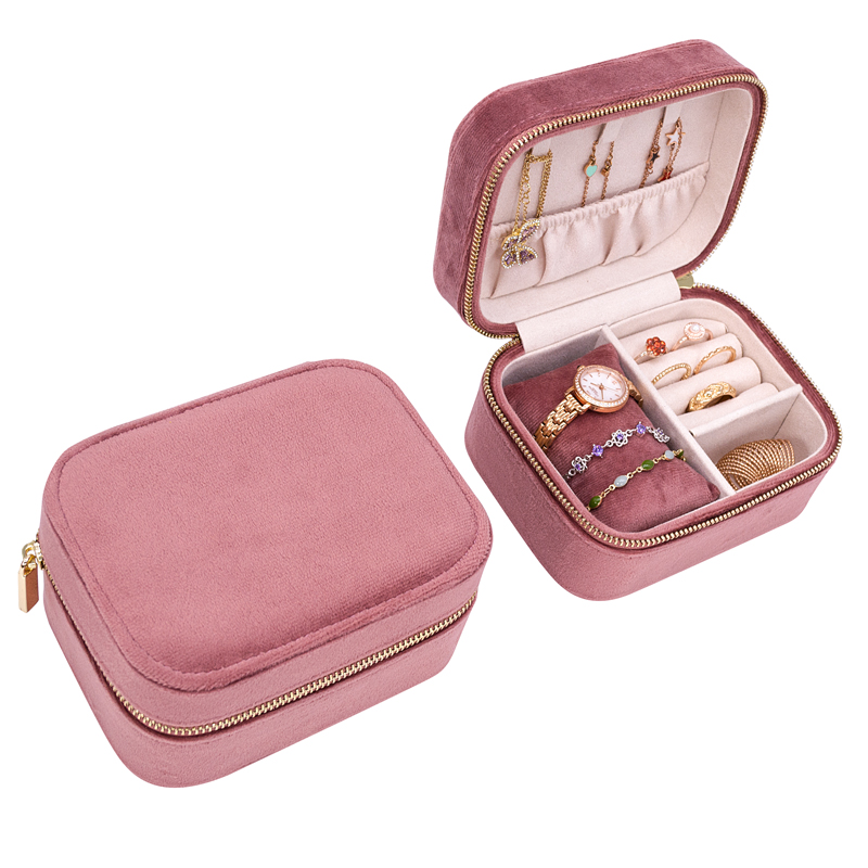 Small Luxury Multifunction Velvet Travel Watch Case Zipper Bangle Necklace Jewelry Storage Box