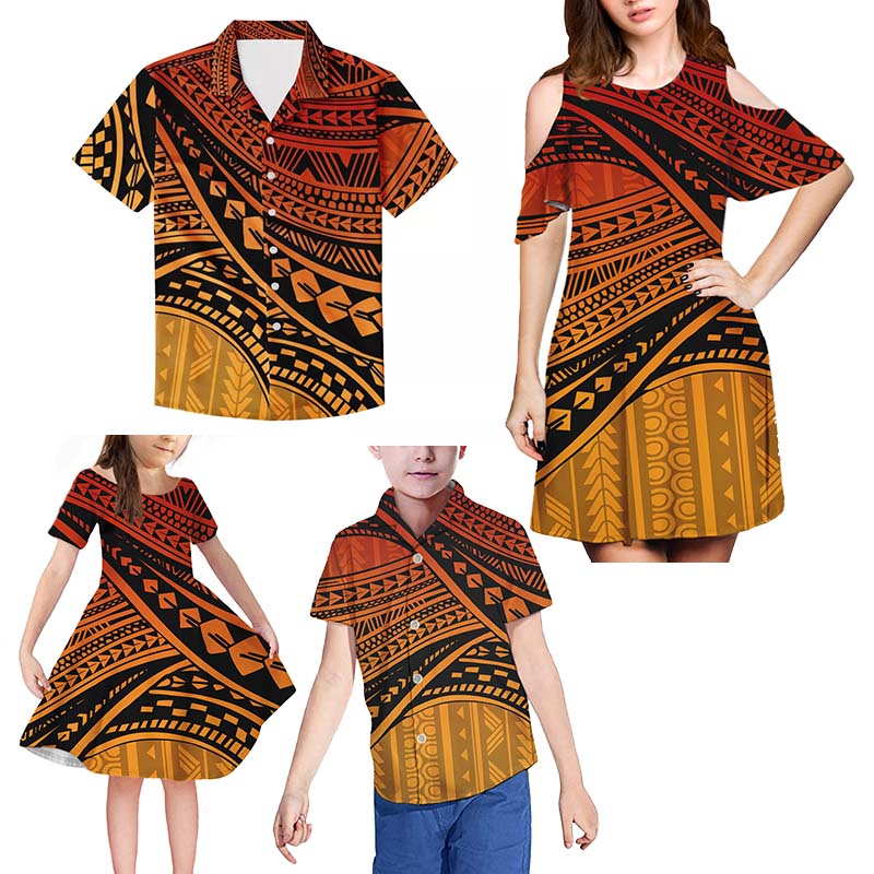 Polynesian Stripe Print 4 Pcs July Father Mother Children Clothes Women Off Shoulder Dress Short Sleeved Matching Family Outits