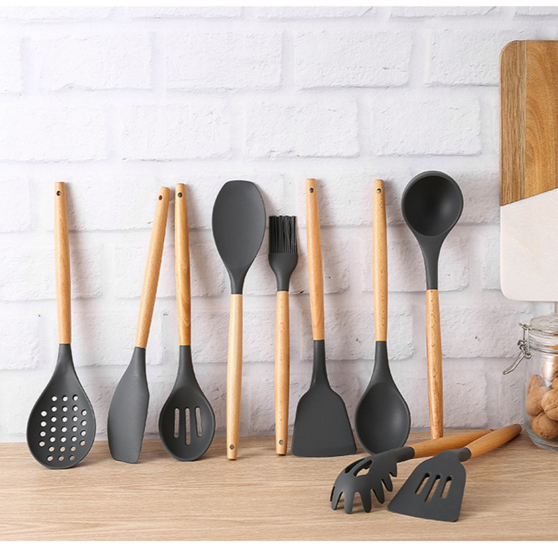 High Quality Competitive Price Wooden Handle Silicone Kitchen Tools Sets Silicon Spoon And Bowl Sets
