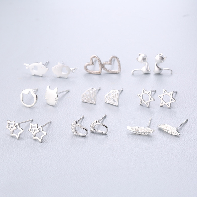925 Sterling Silver pin earrings Star Heart Cross Leaf Cat Dog Pig Diamond Tower Pumpkin Christmas Tree Fish Stud Earrings
