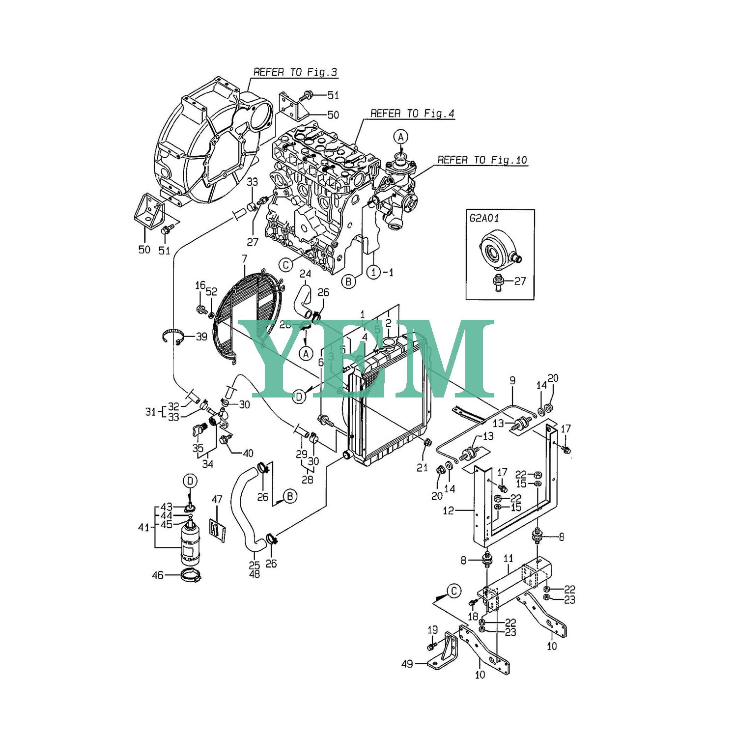 Радиатор 3TNE74 119621-44500 для двигателя Yanmar 3TNE74C(E)G1