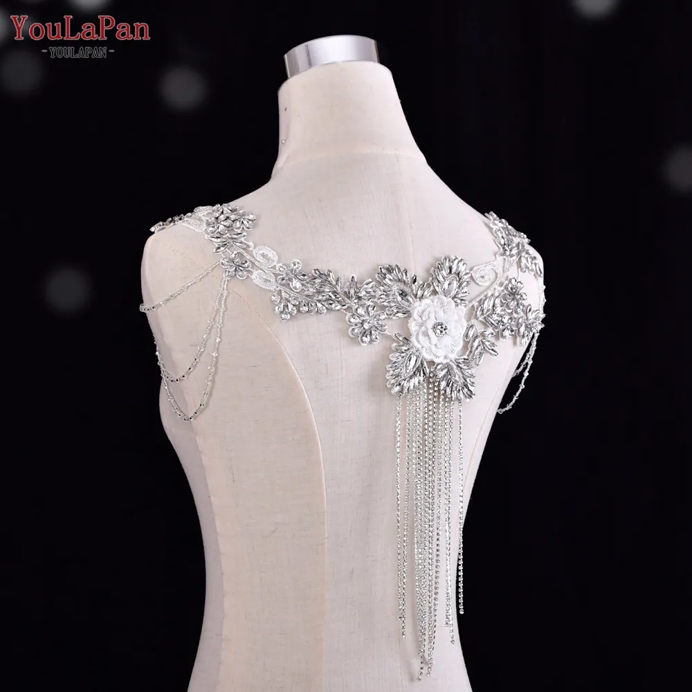 YouLaPan SG23 High Quality Luxury Fabric Flower Appliqued Rhinestones Fashion Tassel Crystal Chain Wrap Bridal Wedding Shawl