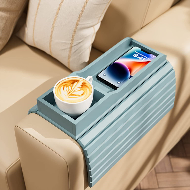 Clip On Table Couch Arm Coaster Drinks Cup Snack Holder Foldable Bamboo Sofa Armrest Tray With Removable Tray