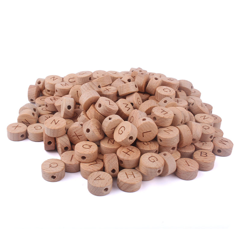 XUQIAN Ins Hot Sale 15mm 26 English Letters Round Beech Wood Beads for DIY Baby Pacifier Chain Teether Bracelet