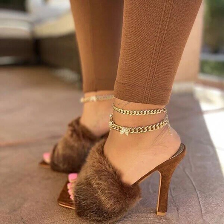 High Fashion Ladies Slipper Mules Luxury Mink Fur Spike Women High Heel