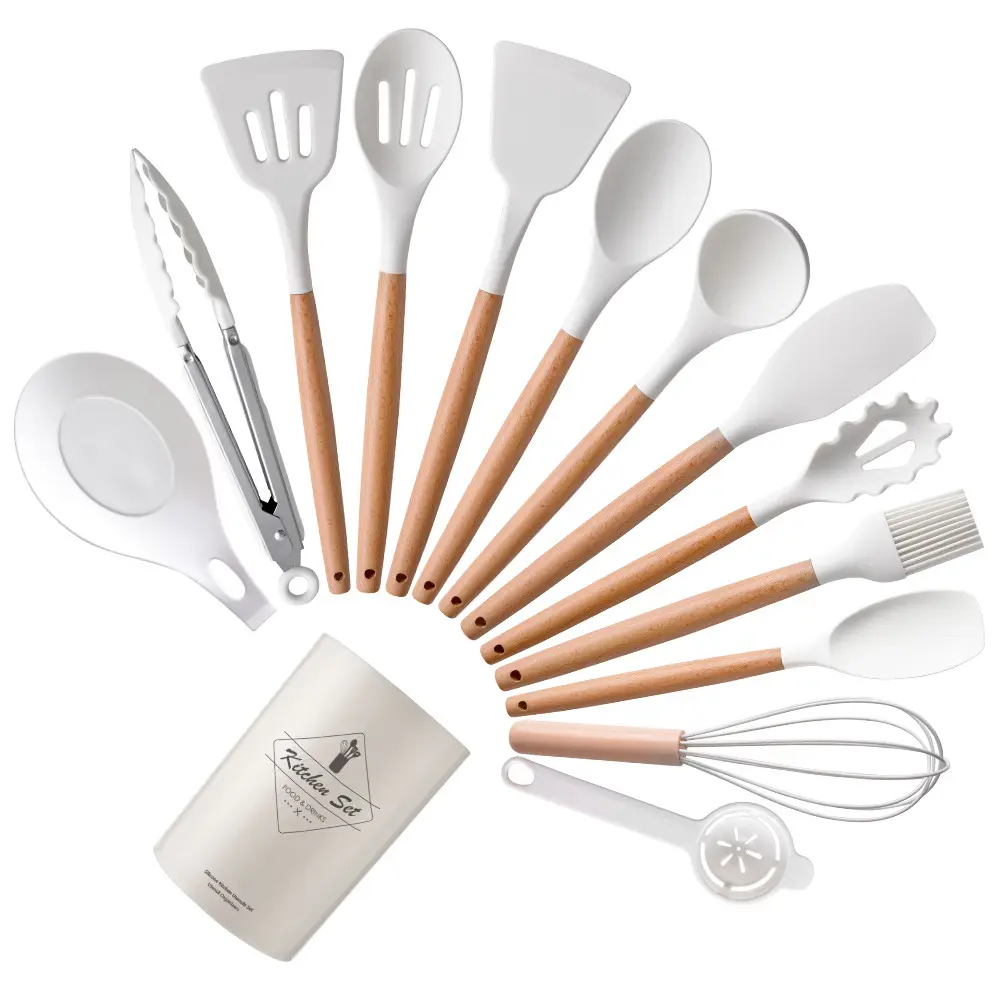 Best Seller 14pcs Non-stick Silicone Utensil Tool Sets With Holder Wooden Handle Cooking Tools Kitchen Utensils Set