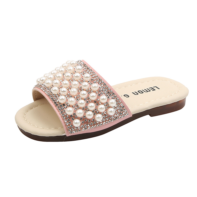 2021 Summer Princess Girls Slippers Kids Sandals Slides Beach Swimming Bath Slippers for Children Bling Pearls Beading Soft Sole