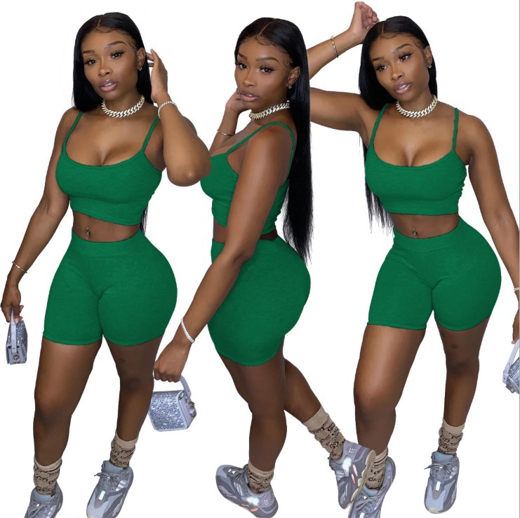autumn new women's pure color midriff-crop High Quality Women 2 Piece Set Crop Top High Waist Solid Color Tank Top Shorts Outfit