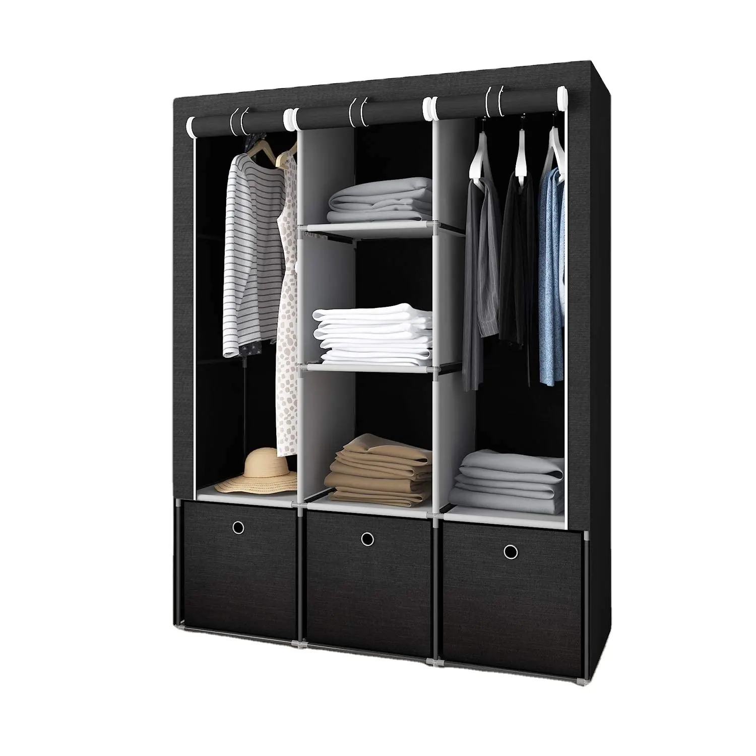 Fabric Wardrobe with 3 Drawers, Portable Clothes Closet Storage Organizer with Compartments and Rods